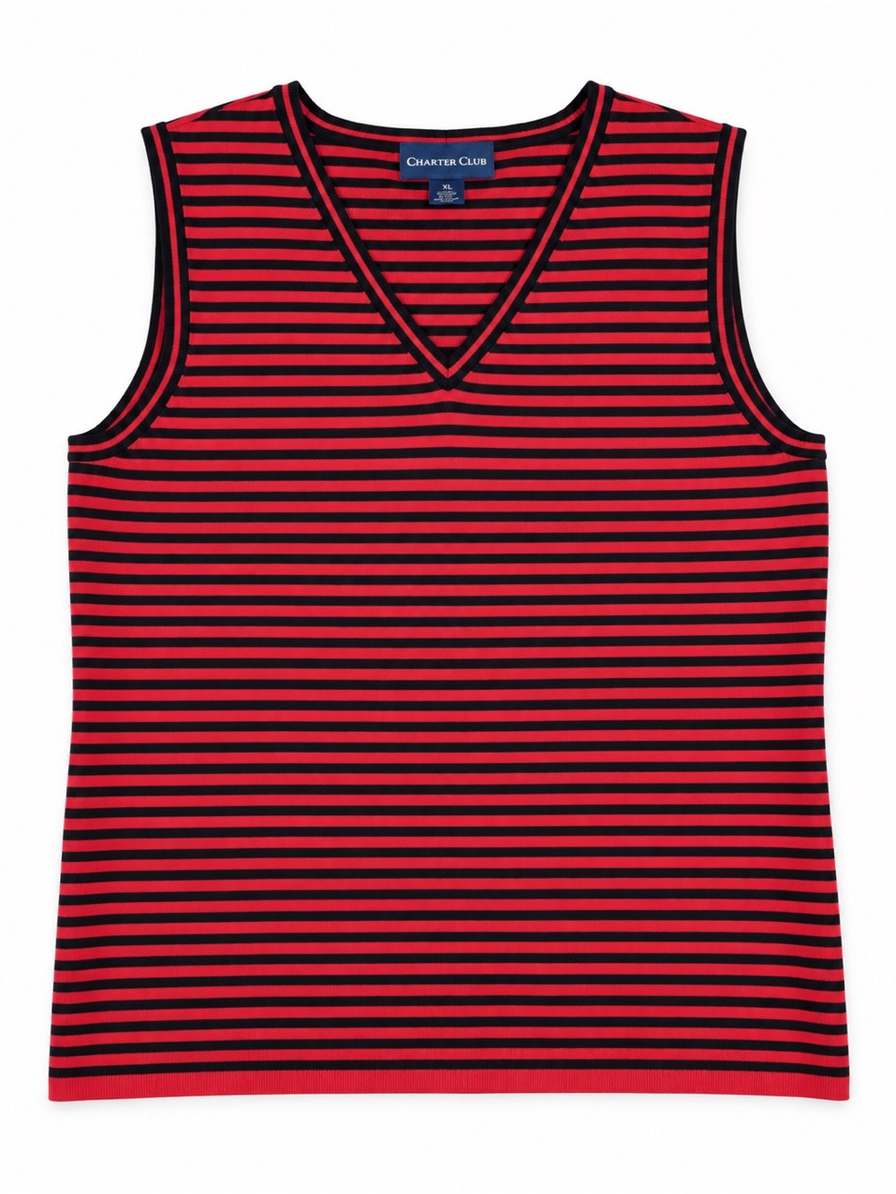 Vintage Charter Club Red Black Striped Sleeveless V-Neck Knit Top